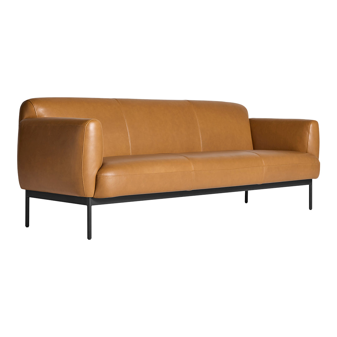 Tan leather sofa with sleek, modern lines and black metal legs, showcasing a minimalist design.
