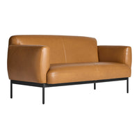 Tan leather sofa with smooth textured upholstery and sleek black metal legs, offering a modern, stylish look.