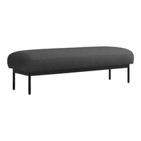 Gray upholstered bench with a sleek black metal frame, featuring a smooth, minimalist design.