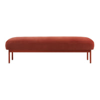 Stylish modern bench in rich terracotta fabric with sleek red metal legs, featuring a smooth, plush surface.