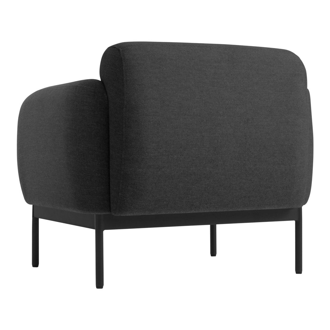 Gray upholstered armchair with a sleek black metal frame, featuring a simple, modern design and soft fabric texture.