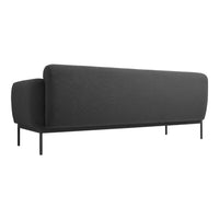 Modern black sofa with a minimalist design and smooth fabric texture on a sleek metal frame.