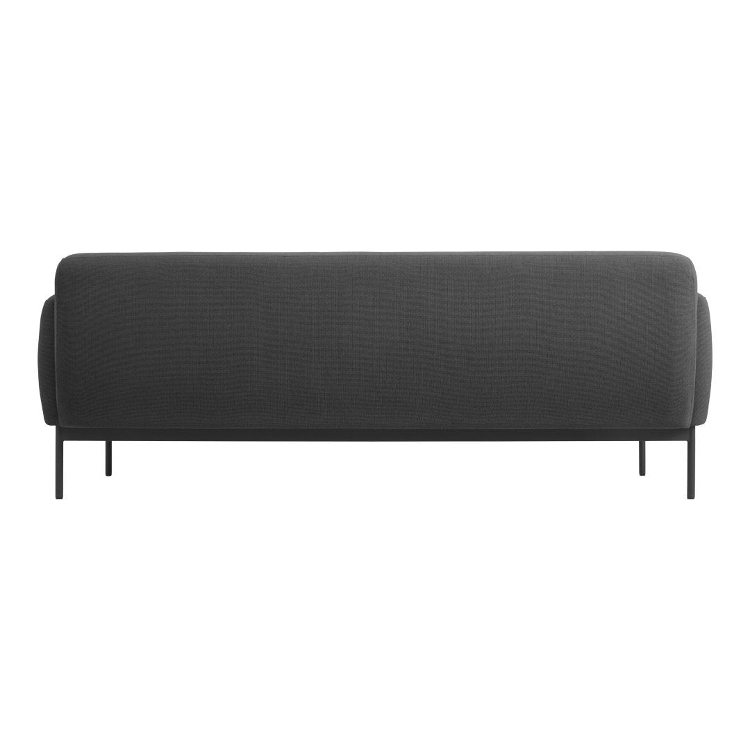Modern black upholstered sofa with a sleek, textured surface and minimalistic metal legs. Perfect for any decor.