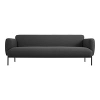 Sleek gray sofa with minimalist design and smooth fabric, featuring clean lines and modern black metal legs.