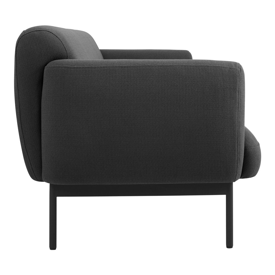Charcoal gray upholstered chair with a sleek, modern design and subtle textured pattern. Black metal legs.