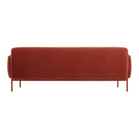 Rust-colored velvet sofa with smooth, minimalist design and rounded armrests, perfect for modern decor.