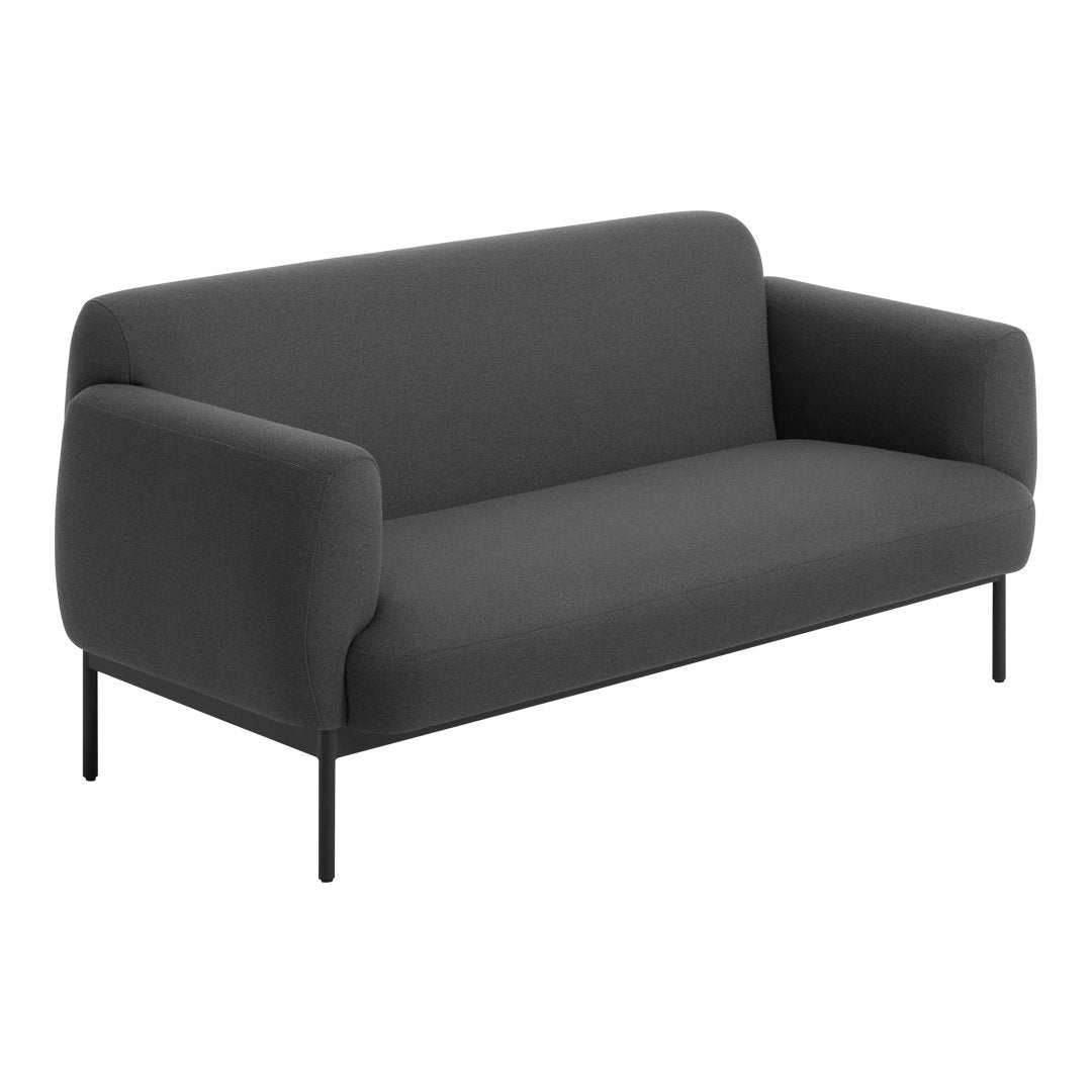 Modern gray couch with a smooth, solid fabric and minimalist design on slender black metal legs.