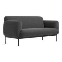 Modern gray sofa with a sleek, minimalist design and soft, solid fabric upholstery. Ideal for contemporary interiors.