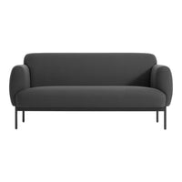 Stylish dark gray sofa with smooth fabric and minimalist design, complemented by sleek black metal legs.