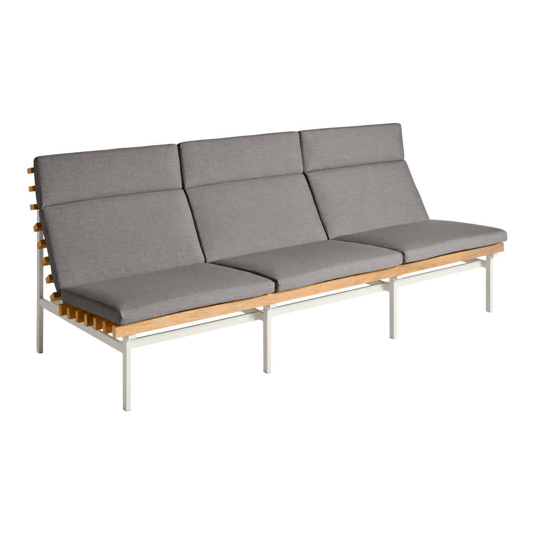 Gray upholstered sofa with clean lines, natural wood accents, and a minimalist design. Ideal for modern interiors.