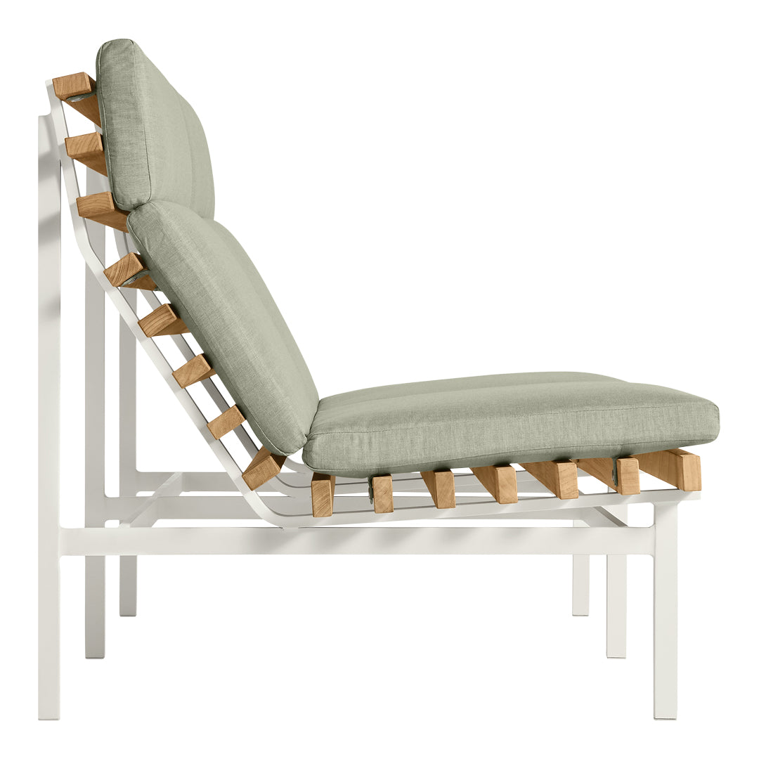 Light green cushions with natural wood accents on a sleek white frame, featuring a minimalist design.
