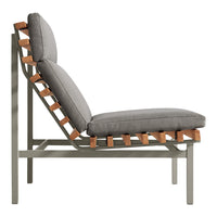 Gray cushioned lounge chair with wooden accents and a modern slatted design. Perfect for contemporary interiors.