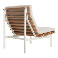 White and natural wood lounge chair with a sleek slatted design and neutral fabric upholstery.