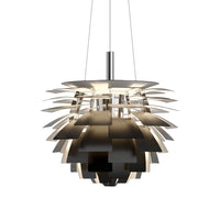 Modern pendant lamp featuring layered black and silver metal shades, creating a unique geometric pattern.