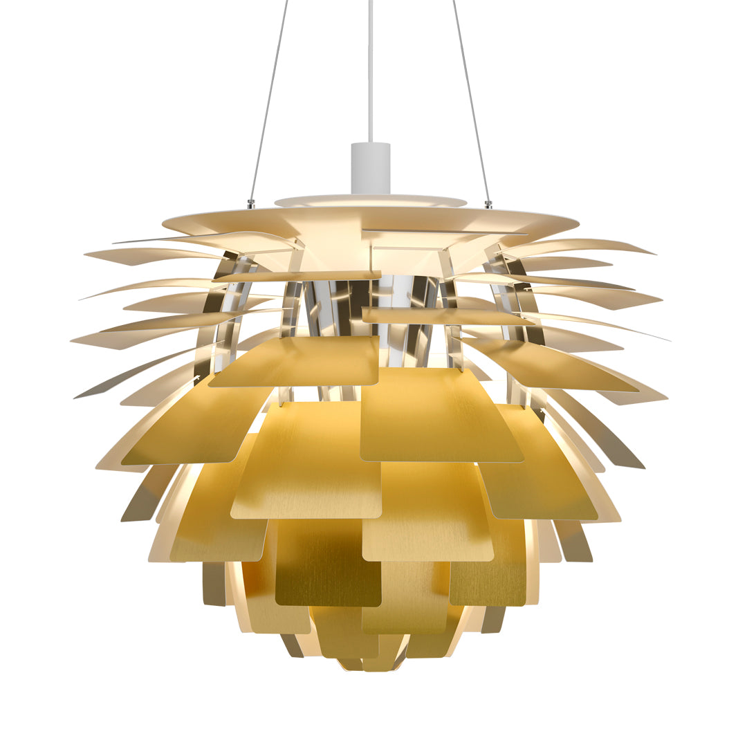 Golden pendant light with layered, geometric patterns for a modern touch. Perfect for stylish decor.