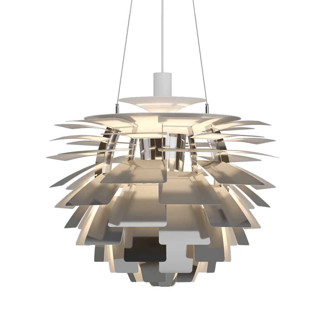 Modern pendant light in sleek silver and white with layered geometric patterns for a contemporary look.