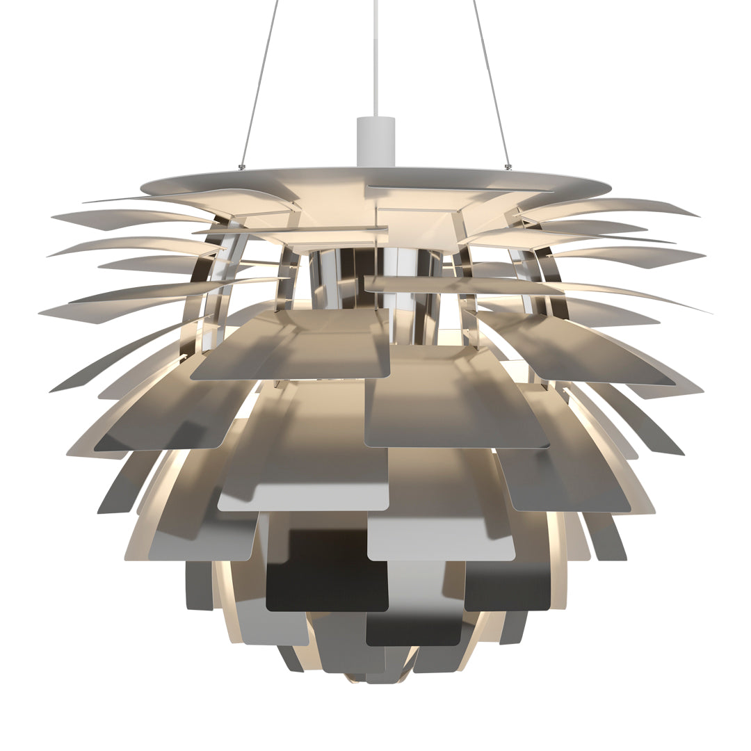 Modern pendant lamp featuring layered metallic shades in silver and white, creating a stunning geometric pattern.