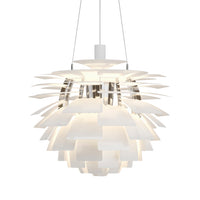 Modern white pendant light with layered geometric patterns and a sleek, glossy finish. Perfect for contemporary decor.