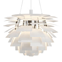 Modern pendant lamp featuring layered white shades with a sleek chrome finish, creating a stylish, contemporary look.