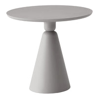 Modern gray side table with a round top and conical base, featuring a sleek, minimalist design.