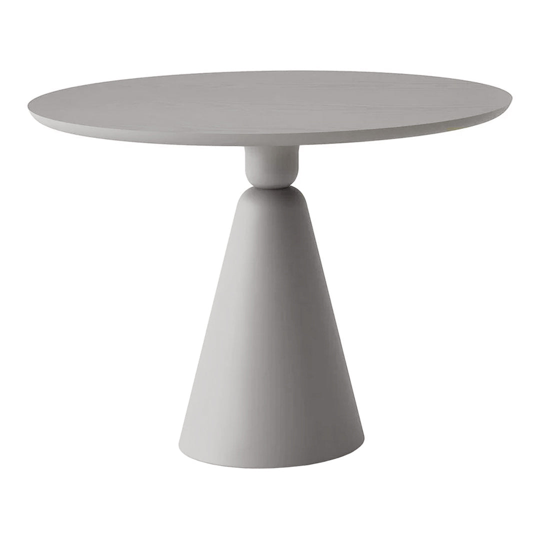 Round gray table with a minimalist design featuring a cone-shaped base and smooth surface. Ideal for modern decor.