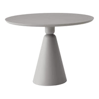 Round gray table with a minimalist design featuring a cone-shaped base and smooth surface. Ideal for modern decor.