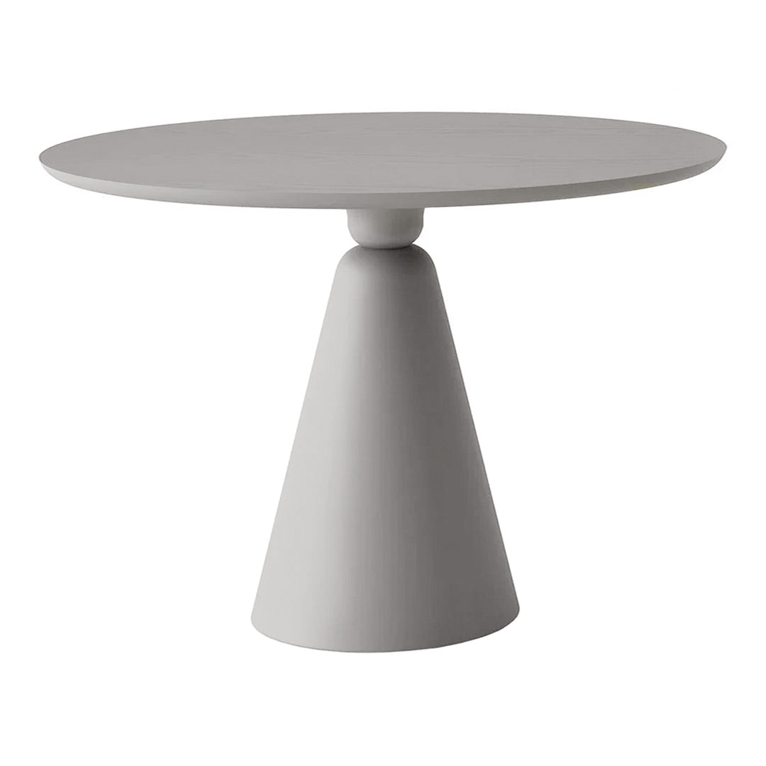 Gray modern table with a minimalist design featuring a smooth circular top and a conical base.