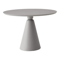 Gray modern table with a minimalist design featuring a smooth circular top and a conical base.