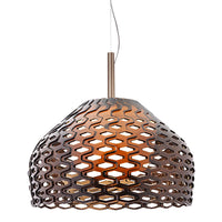 Honeycomb-patterned pendant lamp in dark brown with warm amber glow, featuring a sleek metal finish. Perfect for modern decor.