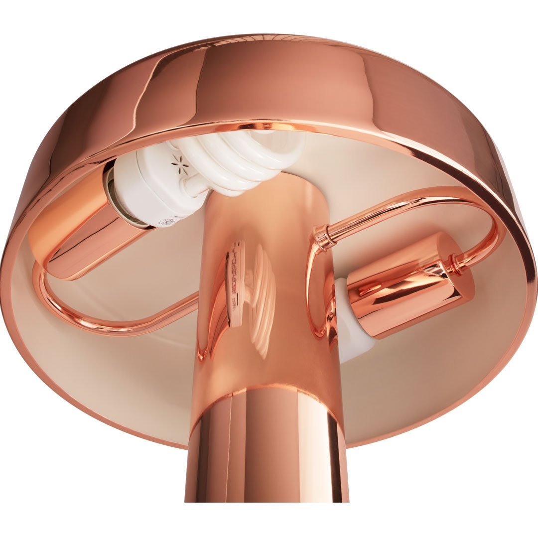 Rose gold lamp with a sleek, circular design and glossy finish, showcasing modern elegance and contemporary style.