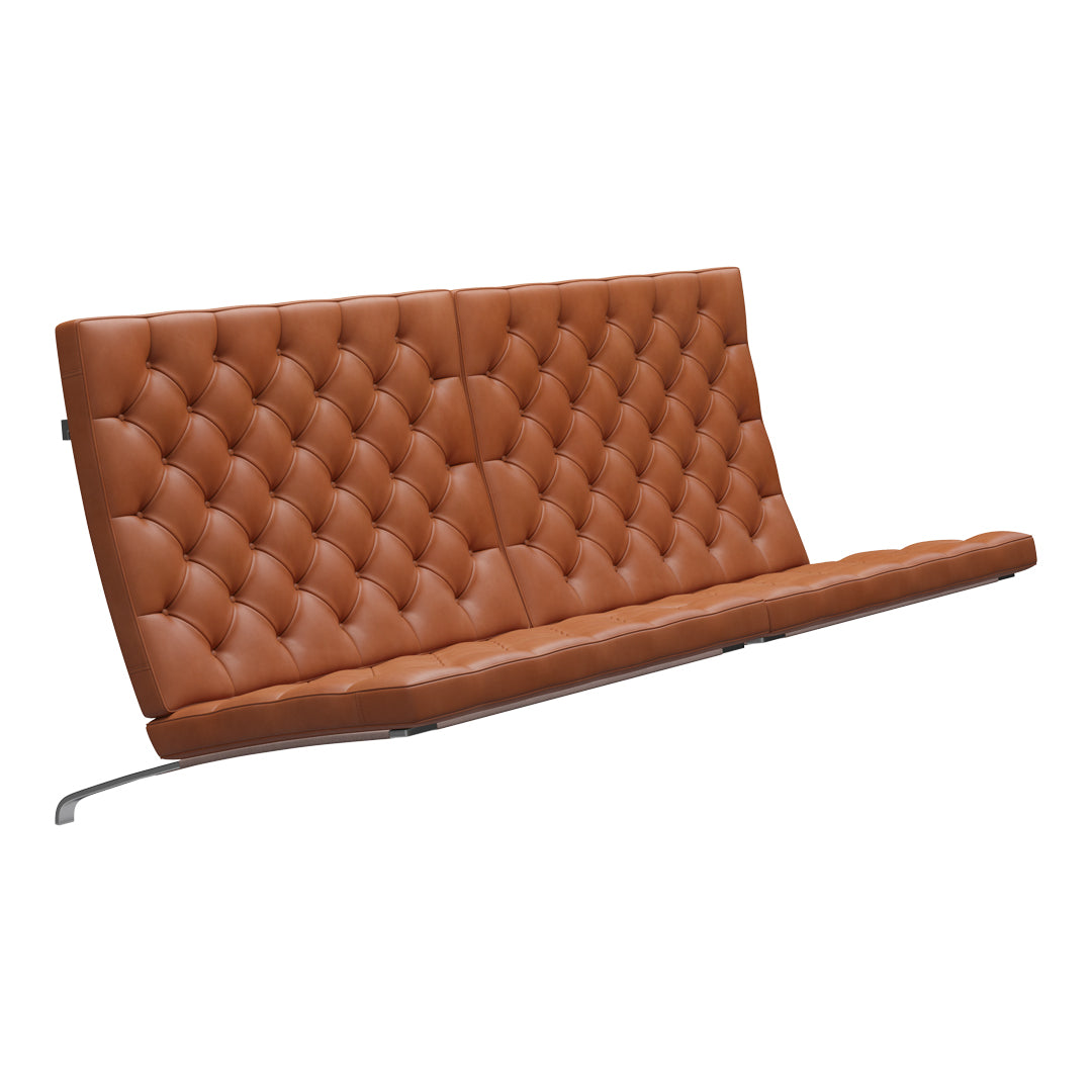 Brown tufted leather sofa with a sleek, minimalist design and elegant chrome base. Perfect for modern interiors.