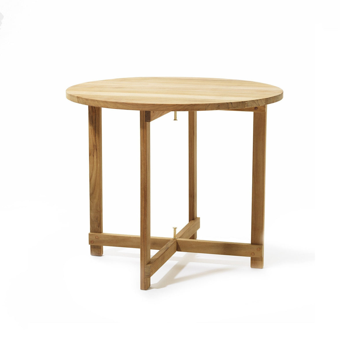 Round wooden table in natural wood finish with a simple, clean design and sturdy light brown frame.
