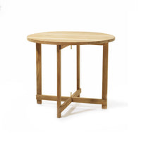 Round wooden table in natural wood finish with a simple, clean design and sturdy light brown frame.