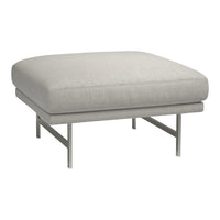 Light gray upholstered ottoman with a minimalist design and sleek silver legs. Perfect for modern decor.