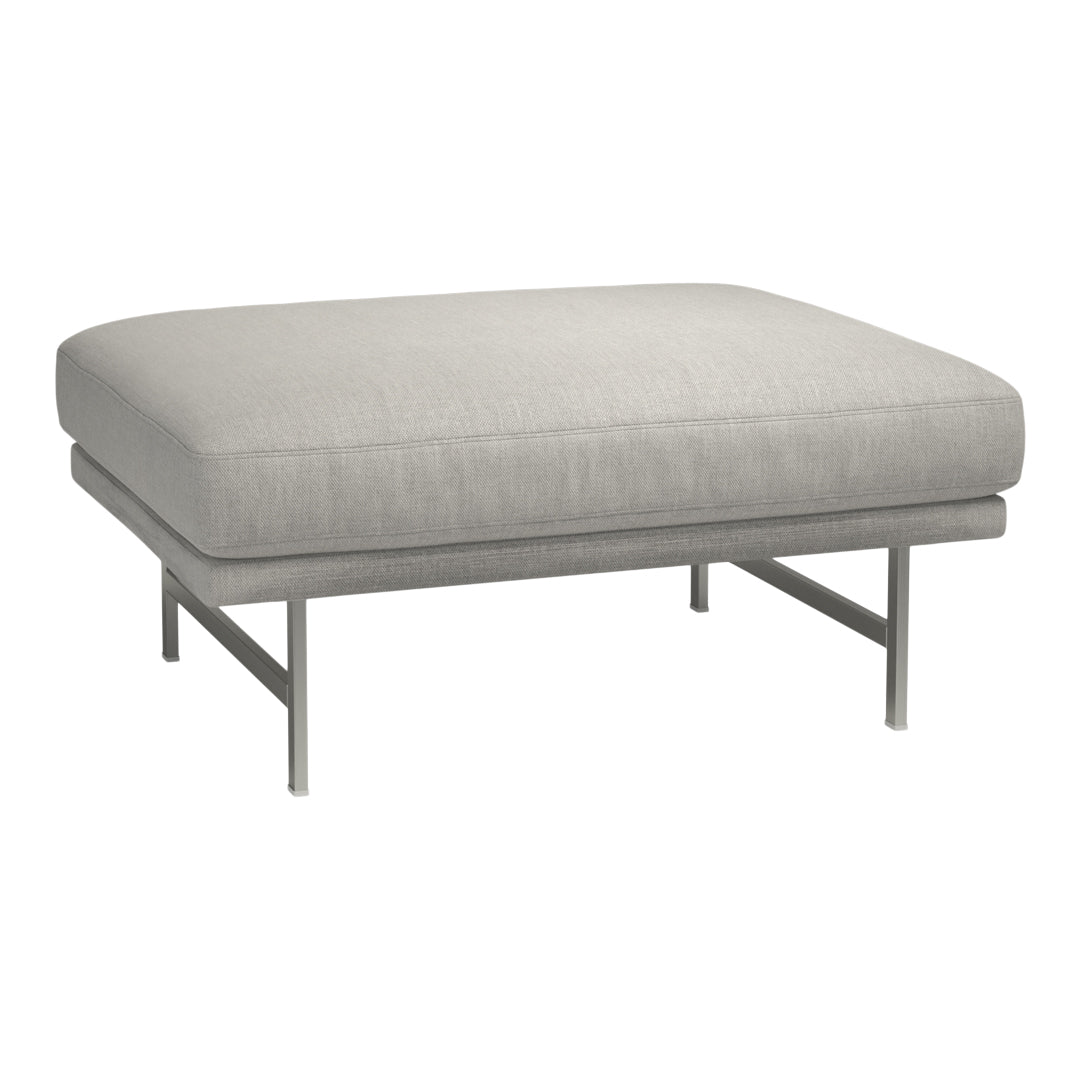 Light gray upholstered ottoman with a minimalist design and sleek silver metal legs. Ideal for modern decor.