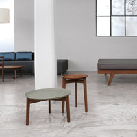 Set of modern side tables in earthy tones with a round green top and rich wooden legs, featuring sleek, minimalist design.