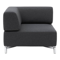 Gray upholstered corner sofa with a sleek, modern design and a minimalist pattern. Perfect for contemporary spaces.