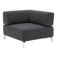 Dark gray modular corner sofa with a minimalist design and smooth fabric upholstery. Sleek chrome legs add modern touch.