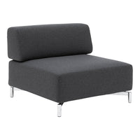 Gray upholstered chair with clean lines and a modern design, featuring a minimalist style and chrome legs.
