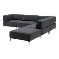 Modern dark gray sectional sofa with a minimalist design and sleek silver legs. Ideal for contemporary spaces.