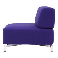 Side view of a modern chair in vibrant purple fabric with sleek chrome legs. Simple and stylish design.
