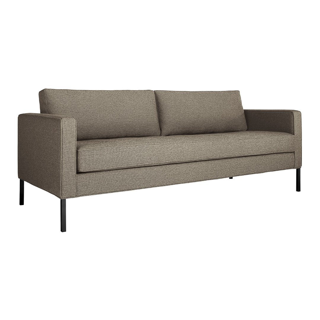 Brown textured fabric sofa with a minimalist design and sleek black metal legs. Perfect for modern living spaces.