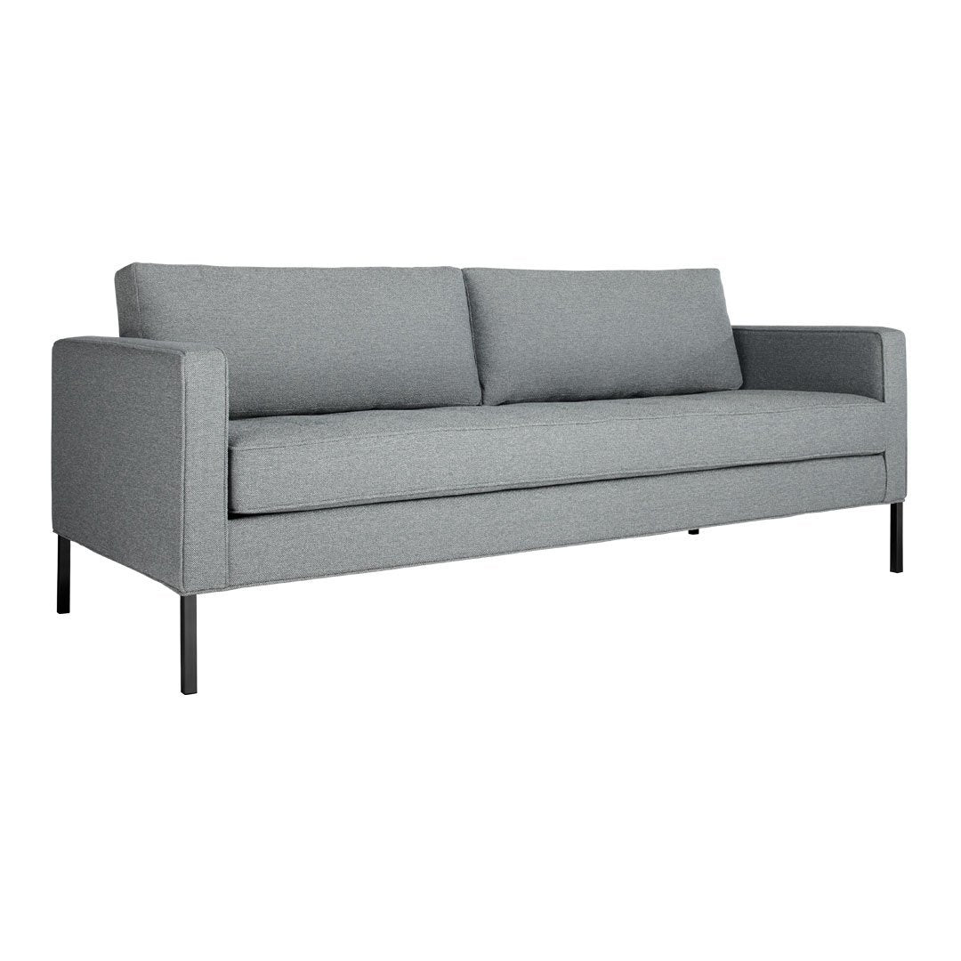 Gray fabric sofa with a minimalist design and straight lines, featuring solid black metal legs for a modern touch.
