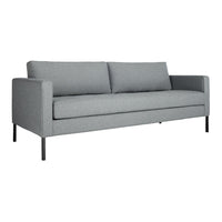 Gray fabric sofa with a minimalist design and straight lines, featuring solid black metal legs for a modern touch.