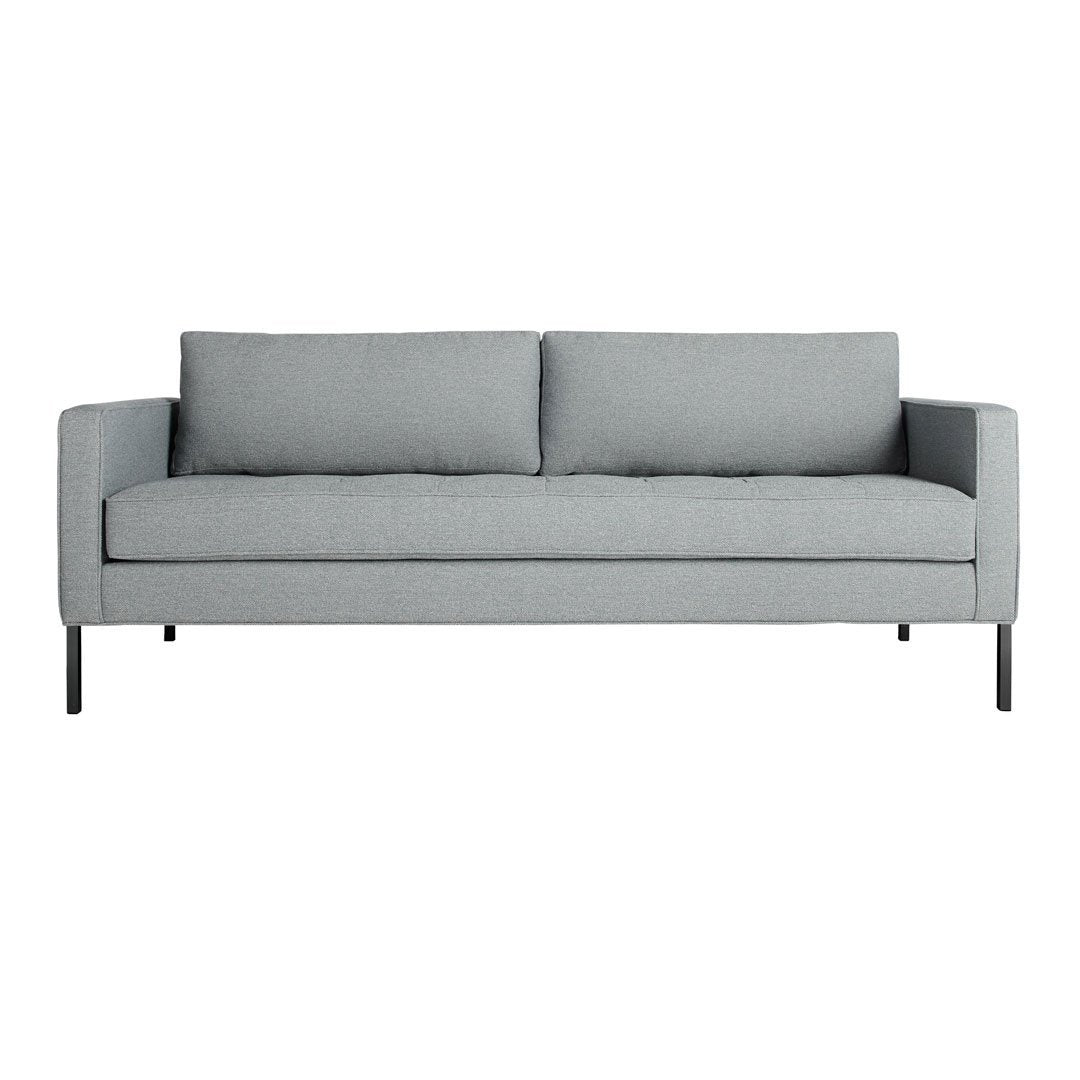 Light gray fabric sofa with a minimalist design and two plush back cushions. Perfect for modern living spaces.
