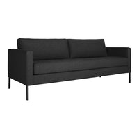 Sleek black upholstered sofa with smooth fabric and minimalistic design, featuring clean lines and a modern aesthetic.
