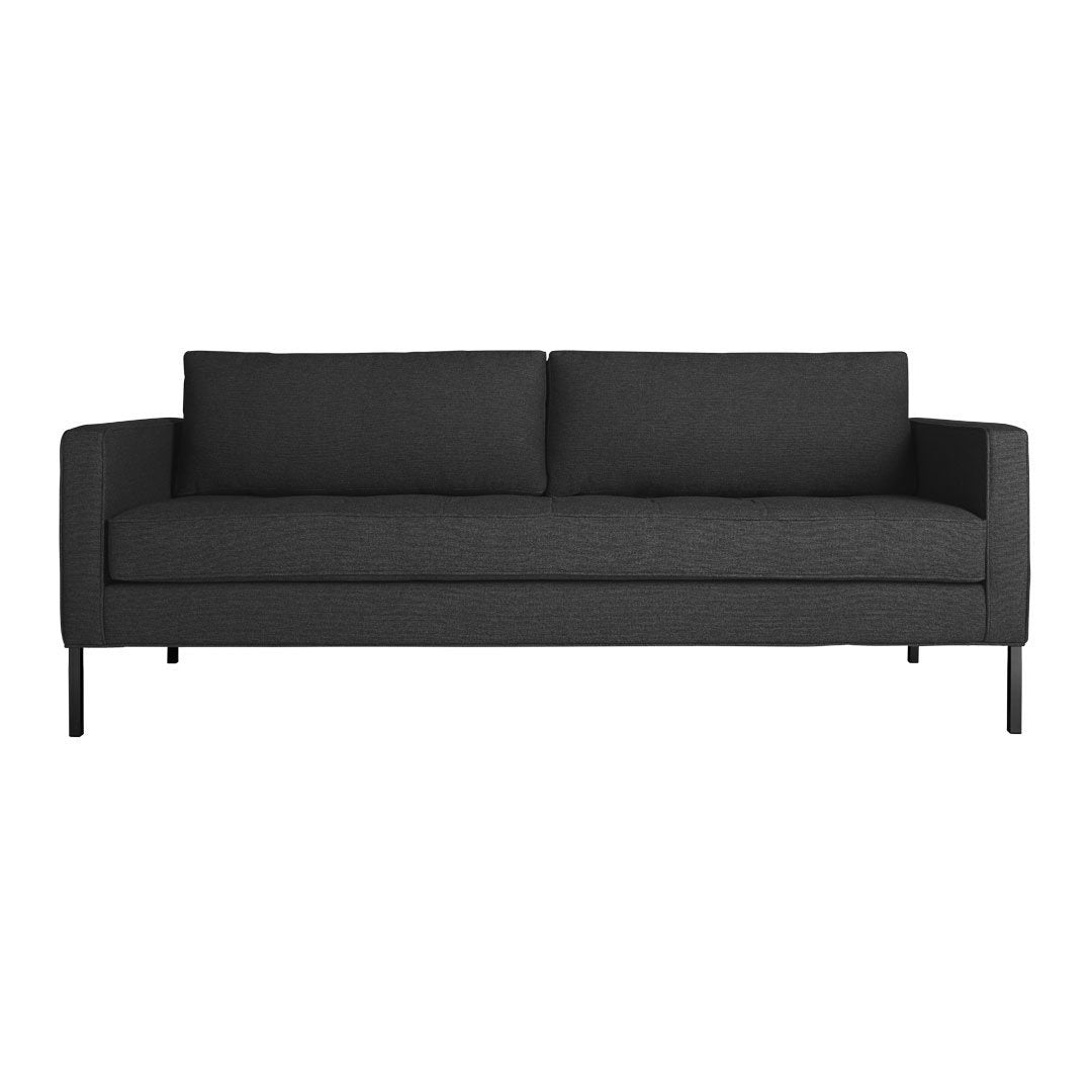 Modern gray sofa with a sleek design and smooth fabric pattern, featuring clean lines and a minimalist aesthetic.