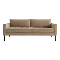 Beige fabric sofa with clean lines and soft cushions, featuring a minimalist design and matte black metal legs.