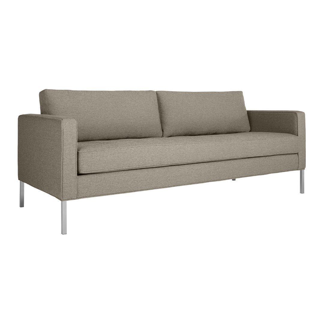 Light gray, textured sofa with clean lines and silver metal legs, perfect for modern living spaces.