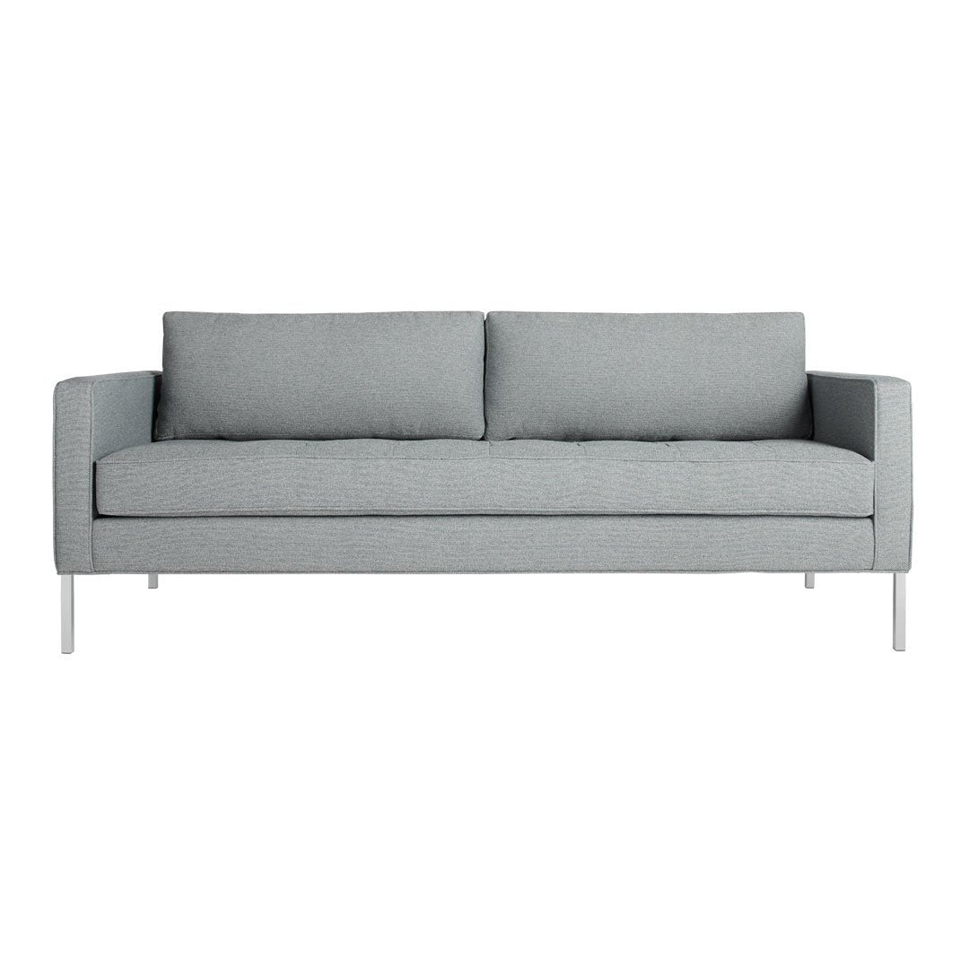 Light gray sofa with a minimalist design and two back cushions, featuring solid fabric and sleek silver legs.